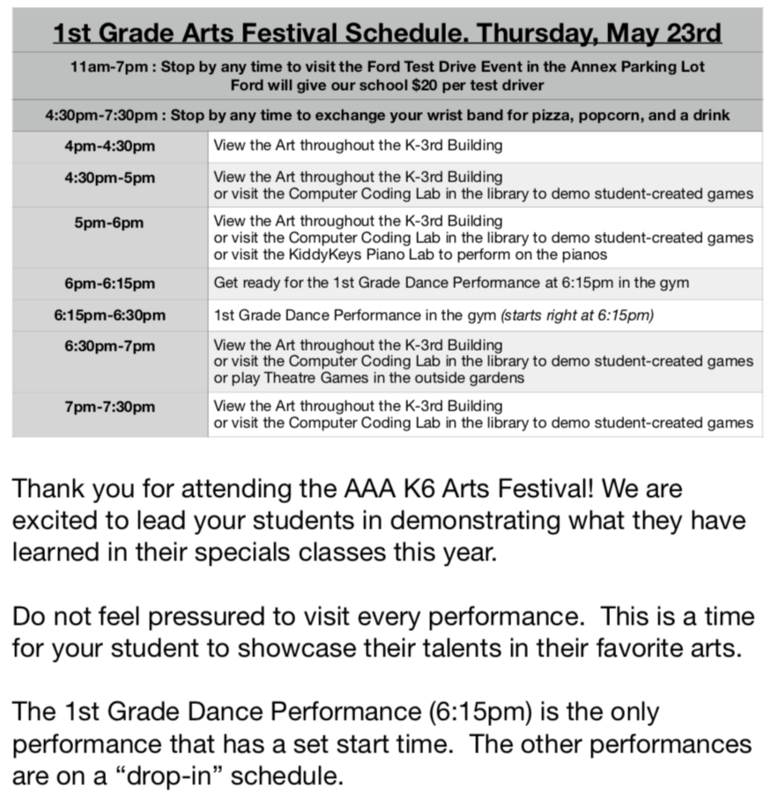 Schedule for K-6 Arts Festival
